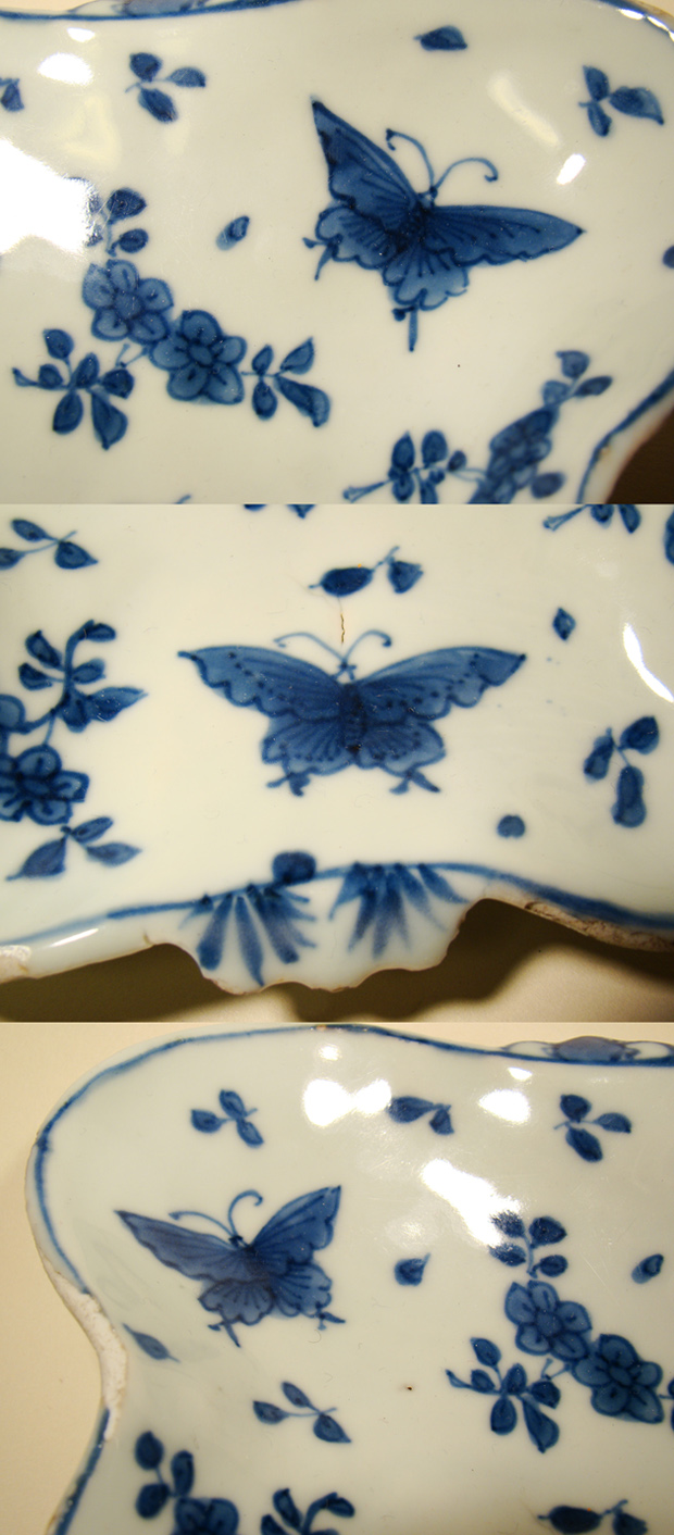 古染付 煎茶器 蝶 花 虫喰い 4客 古染付 煎茶器 蝶 花 虫喰い 4客