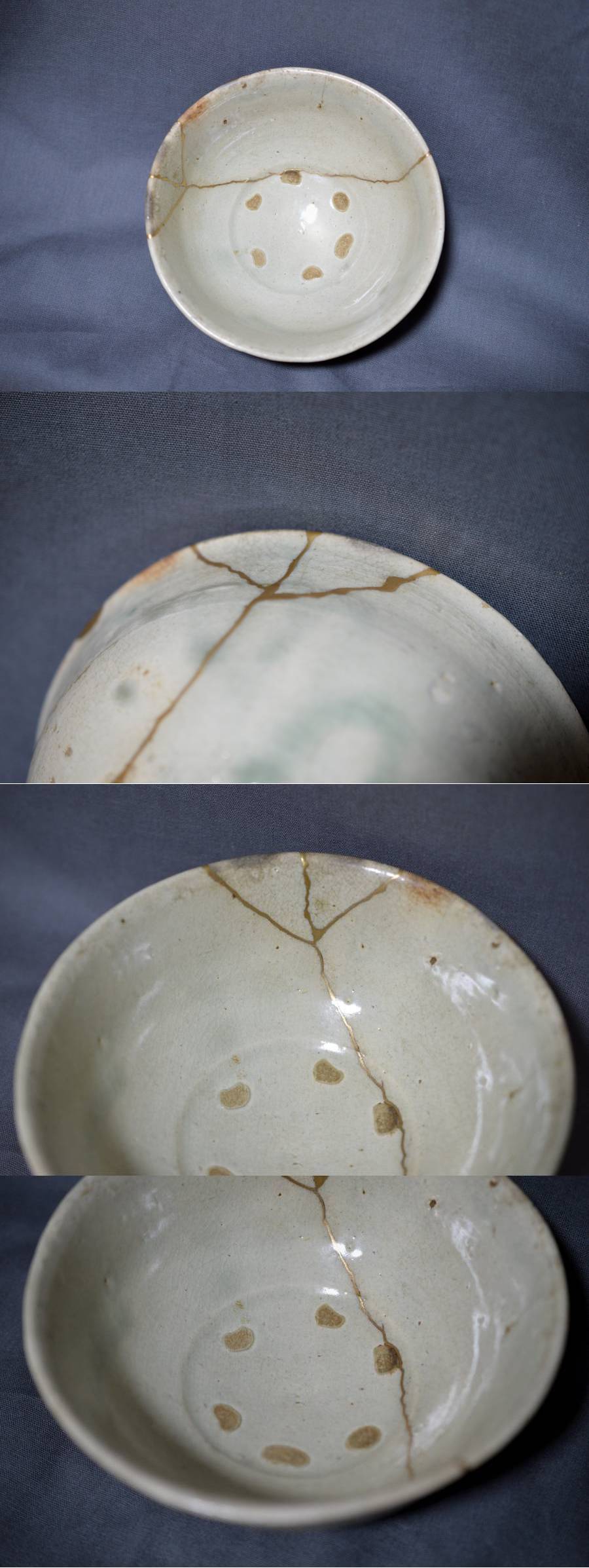 李朝茶椀金直時代物 李朝大茶碗 未使用品粉引茶碗 骨董品 金直し