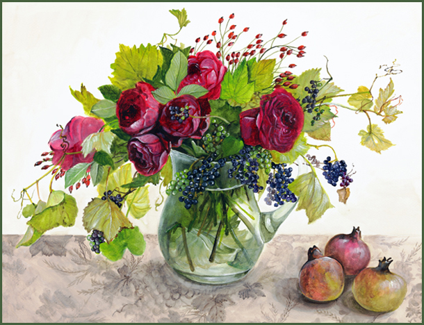 貴重な肉筆原画 橋本不二子「バラと苺(Wishing)」水彩画 直筆サイン入