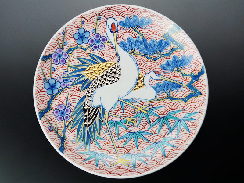 希少✨有田焼 静山作 金彩鶴絵柄 大皿 直径約46cm 特大 色絵皿 ひろき