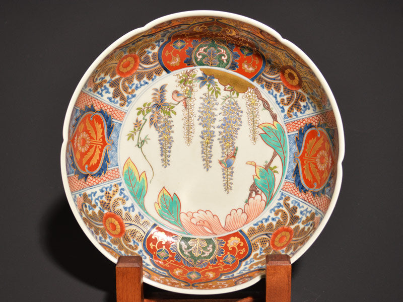 古伊万里 金彩色絵 菊唐草、瓔珞文、桃の図 三つ組鉢 古伊万里