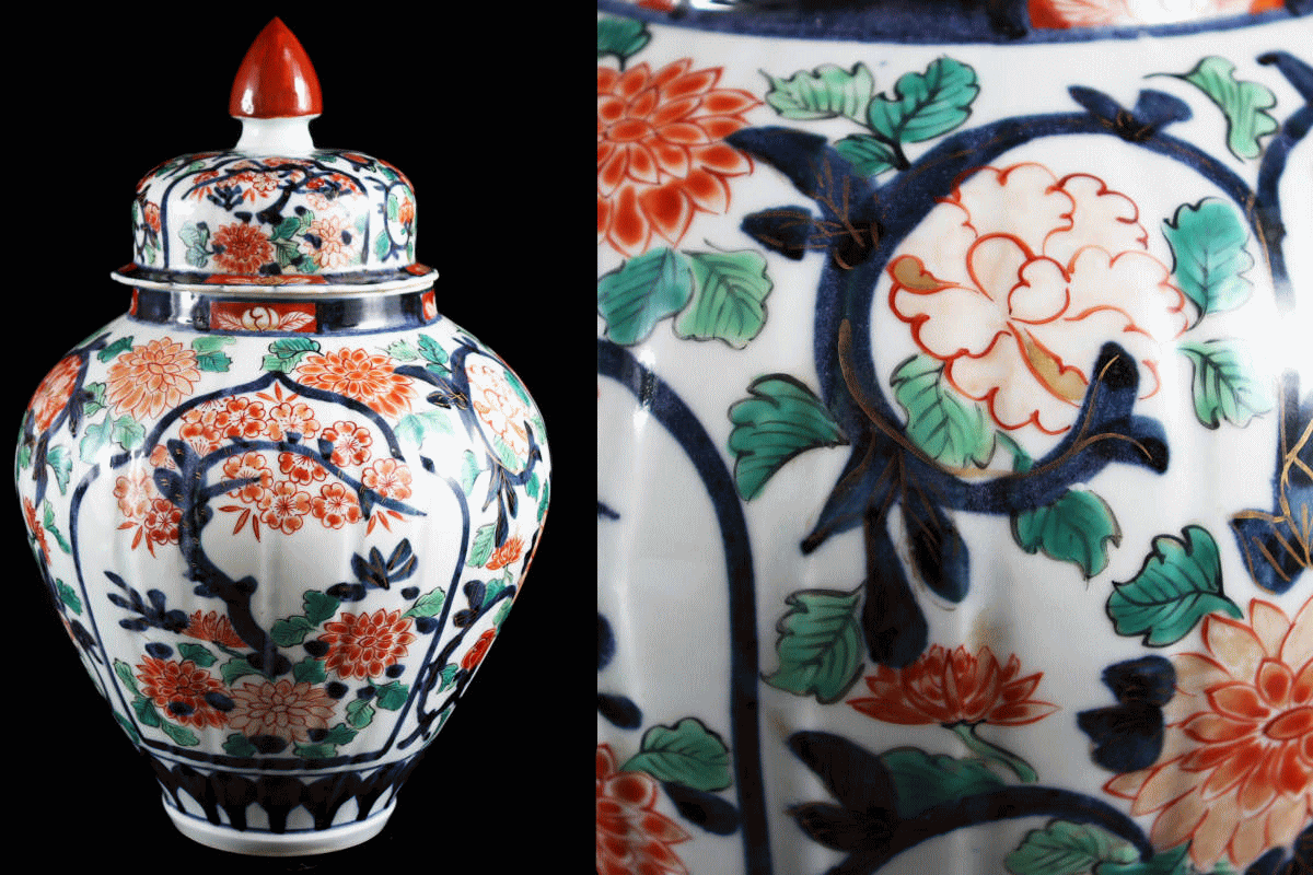 明治前期 色絵 花籠 龍と鳳凰 唐花 蝶 輪花 大鉢 明治前期 色絵 花籠