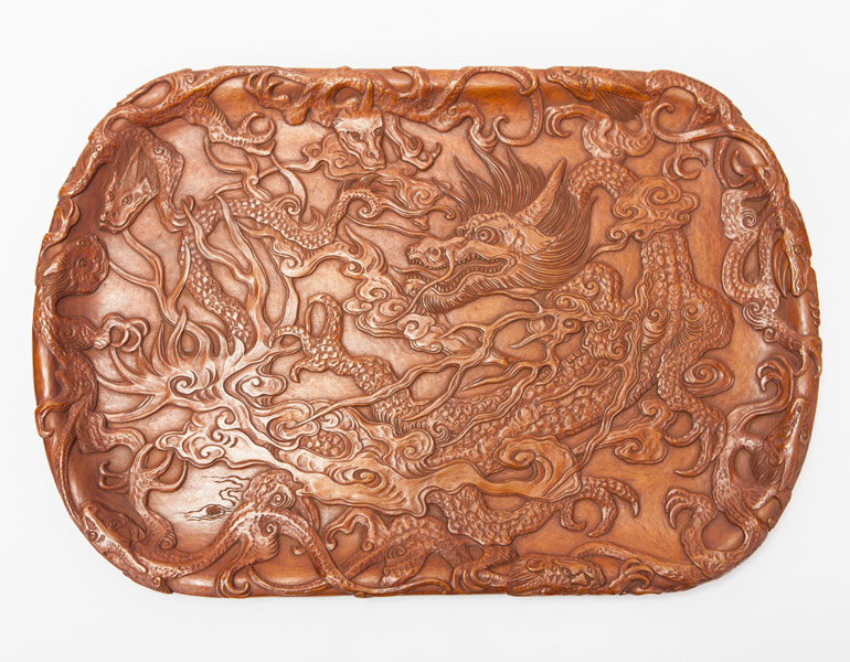 木彫九龍図煎茶盆 市川周道 - 古美術 鐘ヶ江 - Collections -