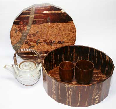 秋田 桜樺細工 茶櫃(びつ) 花籠 名工の作品 手作り樺細工 桜