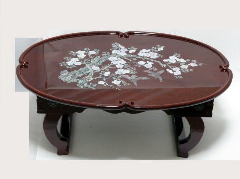 螺鈿細工 足付膳丸座卓 お盆 高足 工芸品 机 螺鈿細工 足付膳丸座卓