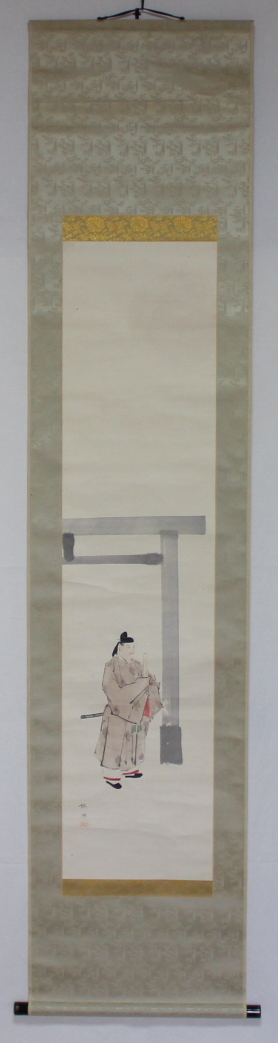 掛け軸 絹本 松本楓湖作「楓ト人物」明治大正期 真筆 日本画家 尊皇家