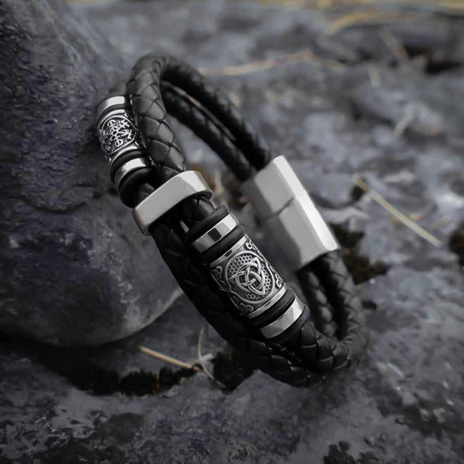 Viking Runic Braided Bracelet - Norse Leather Bracelet with Silver