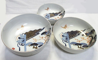 染錦 割絵山水・立鶴図 大小鉢 2点】古伊万里 染錦 割絵山水・立鶴図