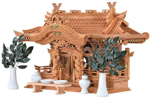 送料無料】本欅 入母屋型彫刻三社（高50㎝タイプ）神具セット付 - 仏壇