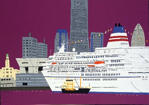 柳原良平氏イラストサイン色紙「 客船飛鳥と みなとみらい