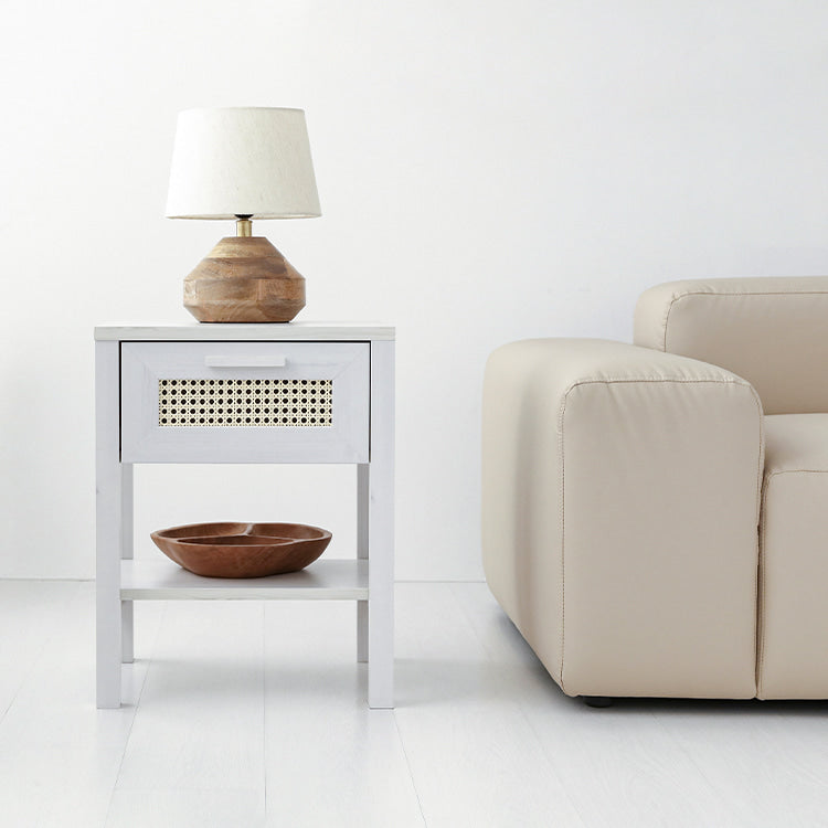 ヴィンテージ調 ラタン 木製サイドテーブル 2引き出し ブラウン