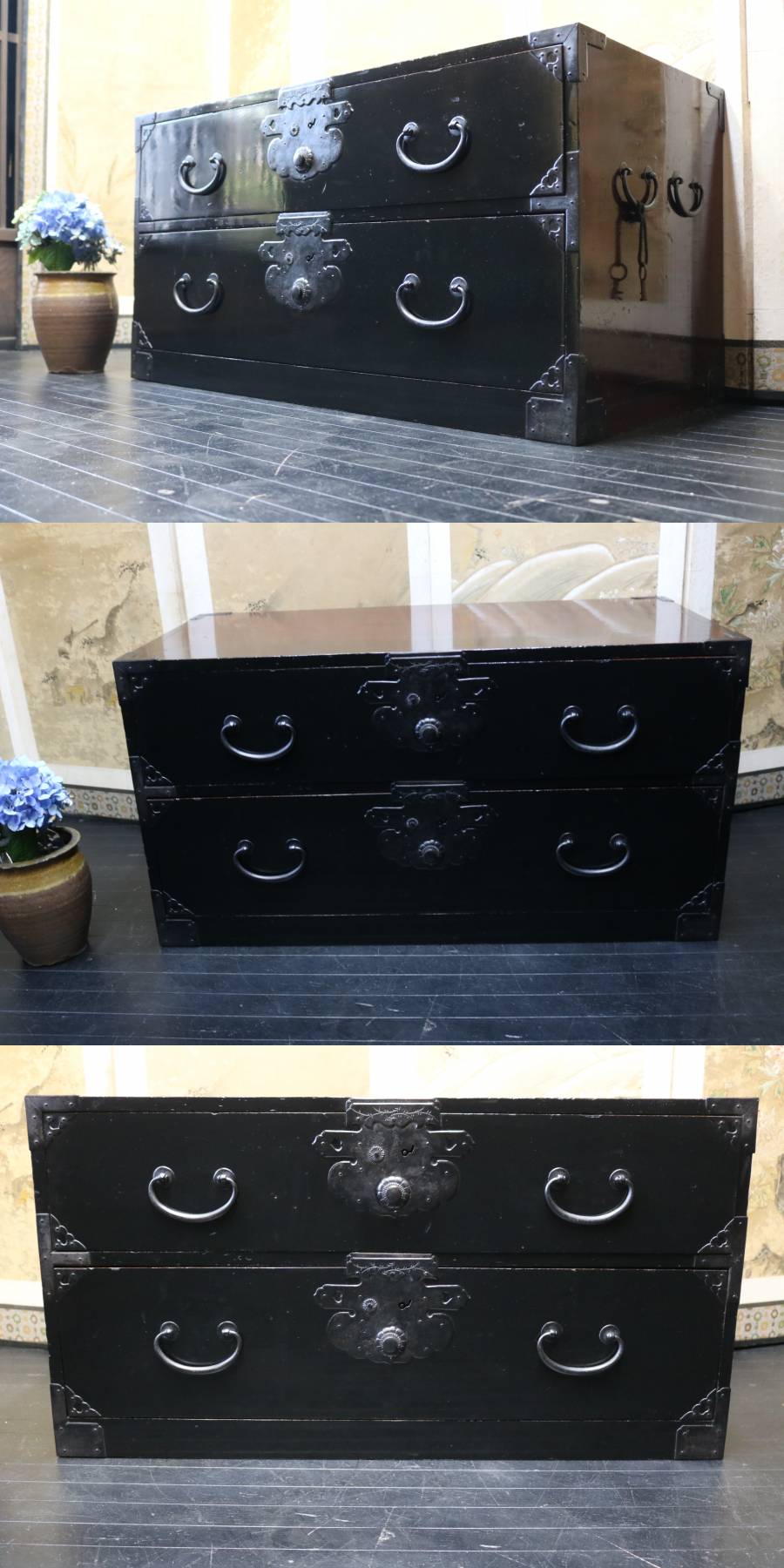 綺麗な丸金具庄内箪笥2段 漆塗りタンス 収納 古家具 古民