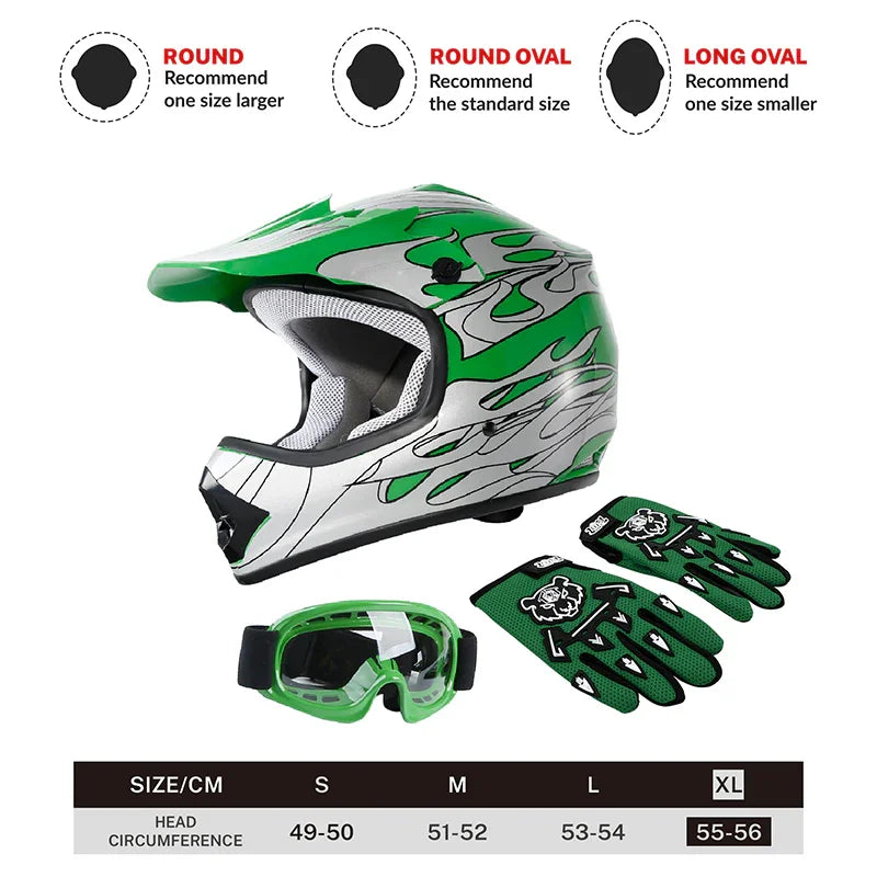 TCMT Green Flame Youth Kids DOT Motocross Off-Road Helmet