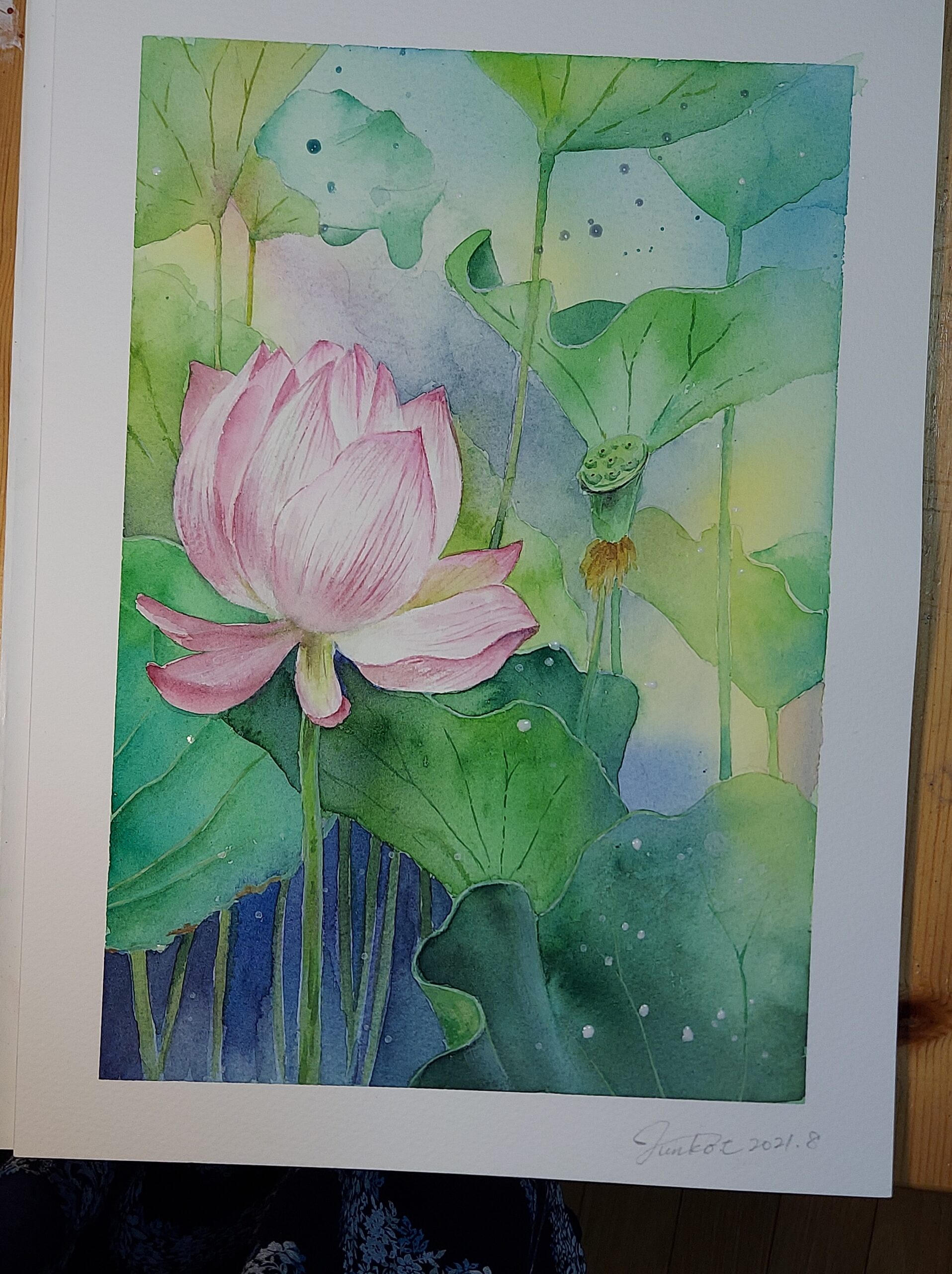 水蓮の油絵です 透明水彩で「蓮を描く」制作過程です。 | pomme_art