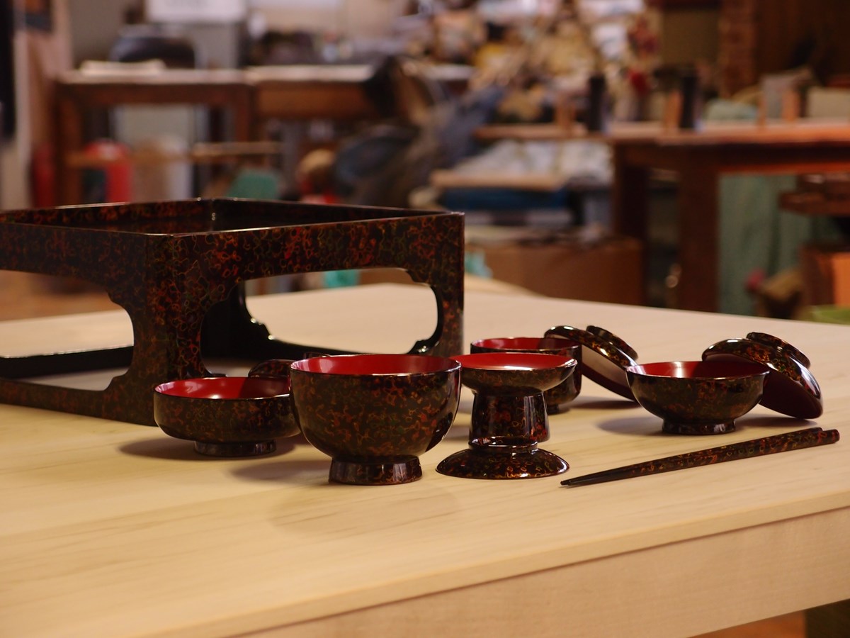 蔵出し！✴︎津軽塗・唐塗長手浅堀盆・卓上盆『おもてなし膳』5膳 ✴︎