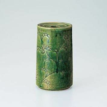 織部 美濃陶器花入 木箱付き 康景 織部 美濃陶器花入 木