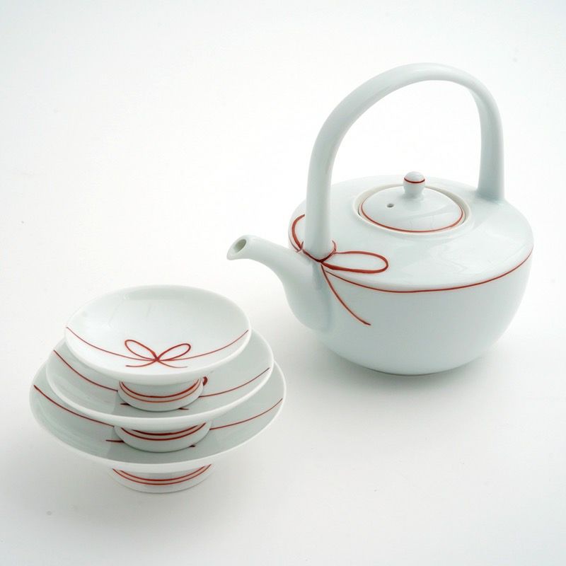 有田焼・伊万里焼（佐賀県） 【有田焼】朱線結び紋 屠蘇器揃〈酒瓶1個