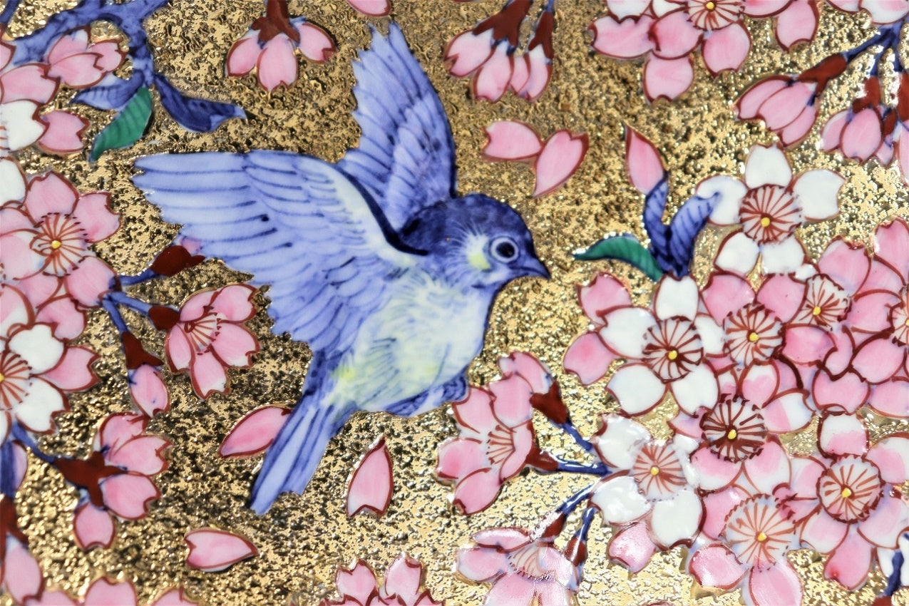 嘉子外製 鉄釉 色絵金彩 福田画 花蝶文瓶 花瓶 唐木台・時代箱付