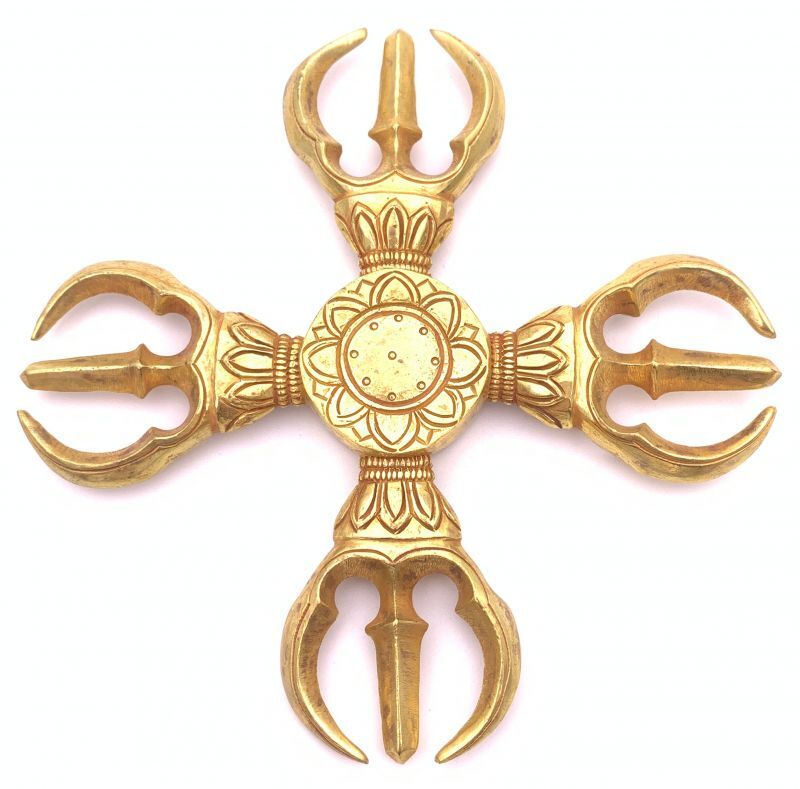 チベット密教法具 ダブルドルジェ◇羯磨（カツマ）銅製・鍍金