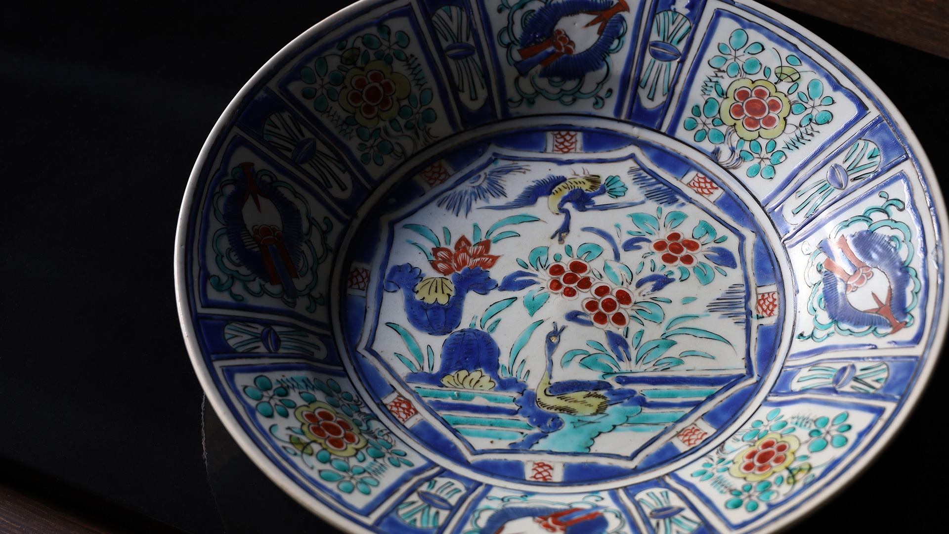 中国古美術品 明代成化年製 芙蓉手 染付(青花)花鳥文盤 茶托4客 皿