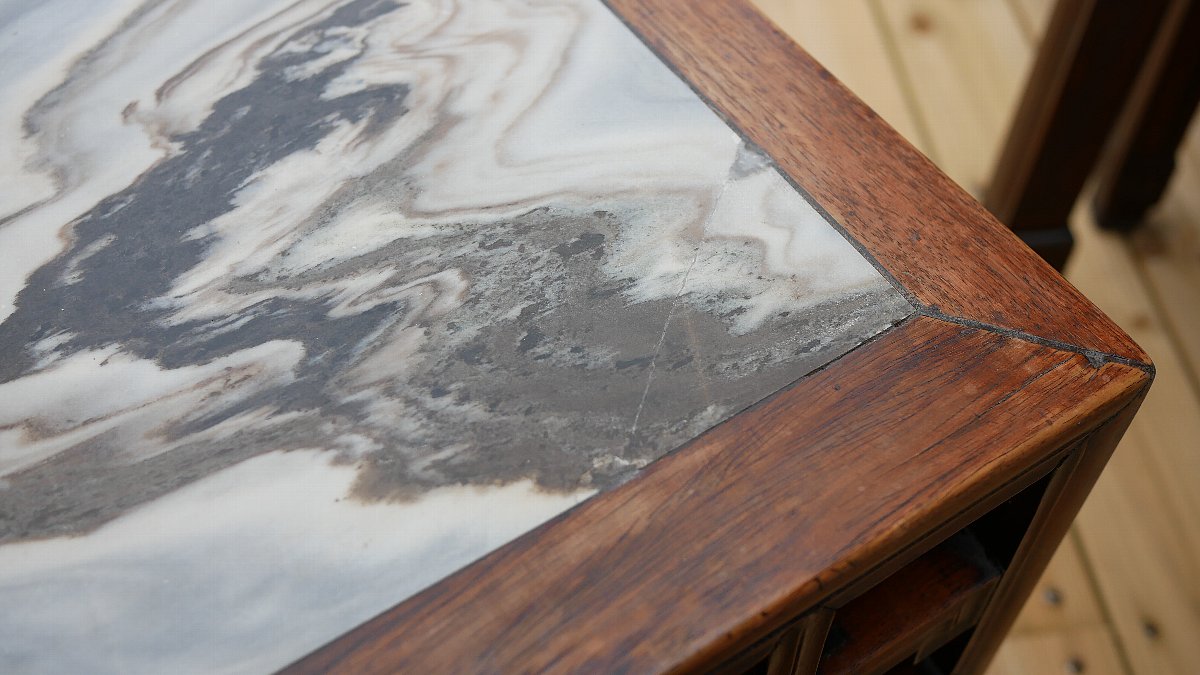 ヴィンテージ中国家具 大理石天板紅木テーブルセット (3点セット