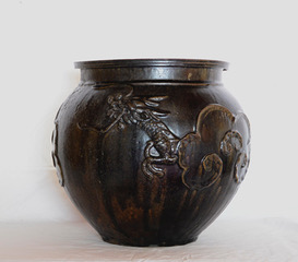 薩摩焼 苗代川 唐草浮出紋 大鉢 黒薩摩 時代物 盆栽 植木鉢 琉球 能野