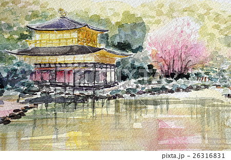 動画投稿中 F4 金閣寺 手描き水彩画 直筆原画 京都世界遺産 動画投稿中