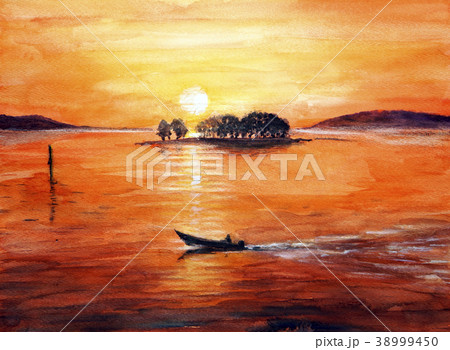 宍道湖の夕日と漁船を描いた手書き水彩画のイラスト素材 [38999450