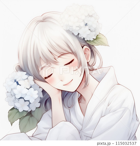 絵画 手描きイラスト 美人画 水彩画 原画 浴衣 眼鏡 紫陽花 人気