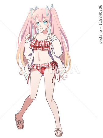 アニメ風キャラクター 水着イラスト 少女 青髪少女水着021壁紙用