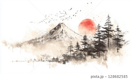 富士山と朝日の和風水墨画イラスト( Japanese Ink Painting of Mount