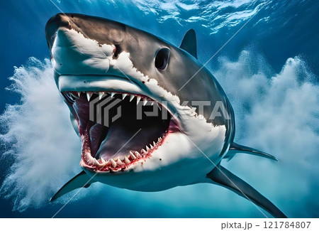 襲い掛かってくるホオジロザメのイラストのイラスト素材 [121784807
