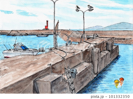港の風景 水彩画 水彩画(漁港)№180 水彩画(漁港)№180 絵画