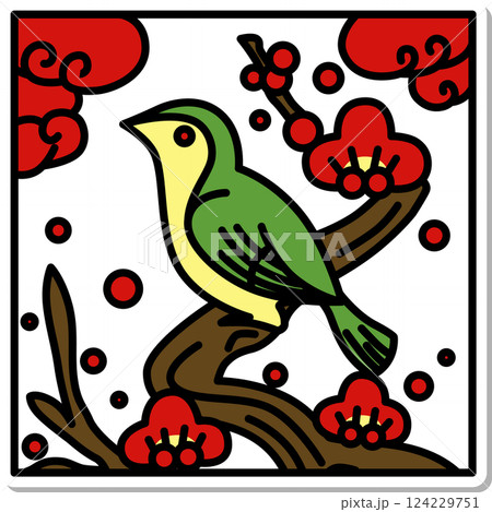 絵（梅にうぐいす、実は目白）フレーム付き 梅に鶯、花札のうぐいす