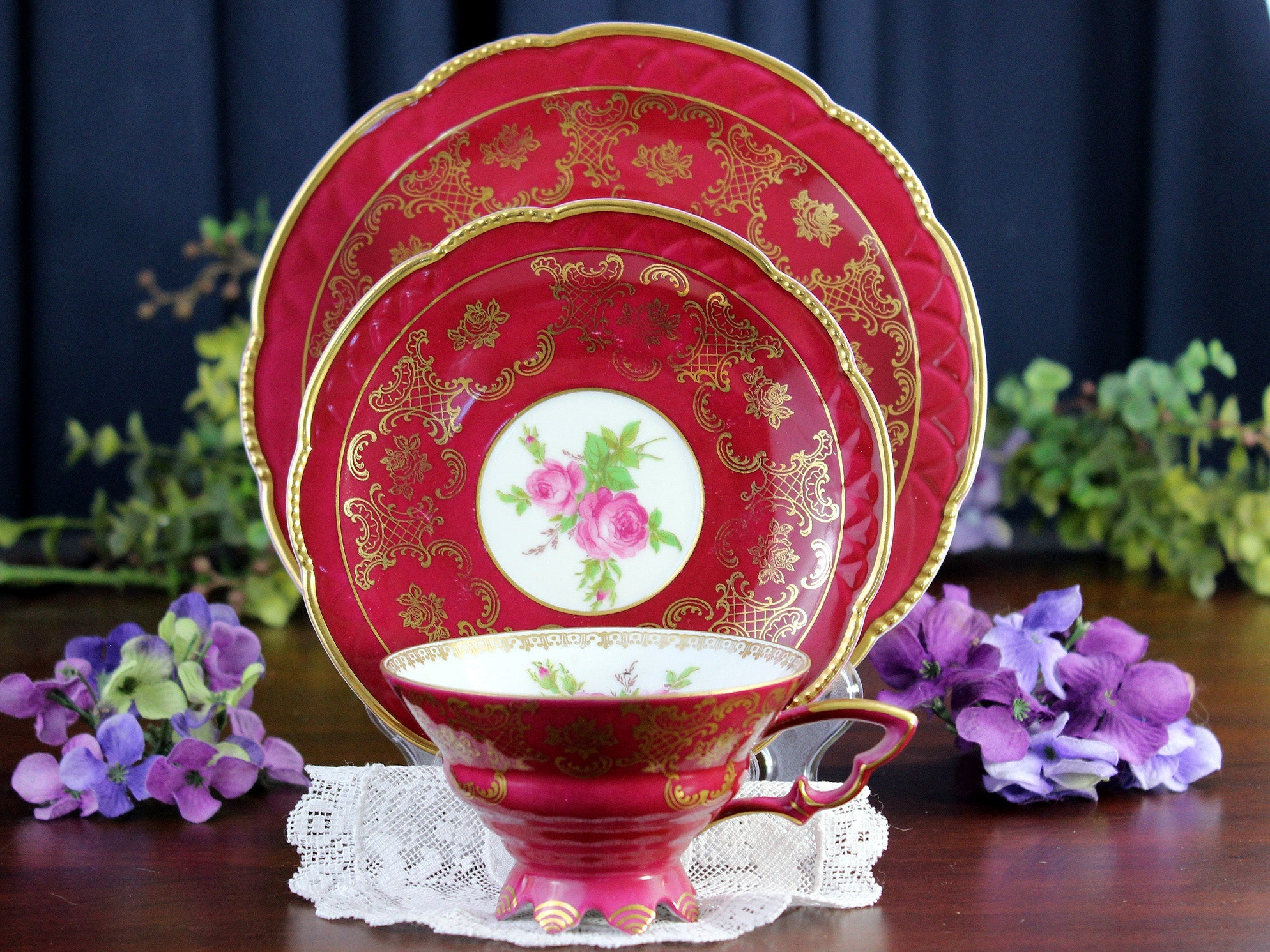 Mitterteich Trio, Footed Teacup & Saucer, Burgundy Bavaria Germany