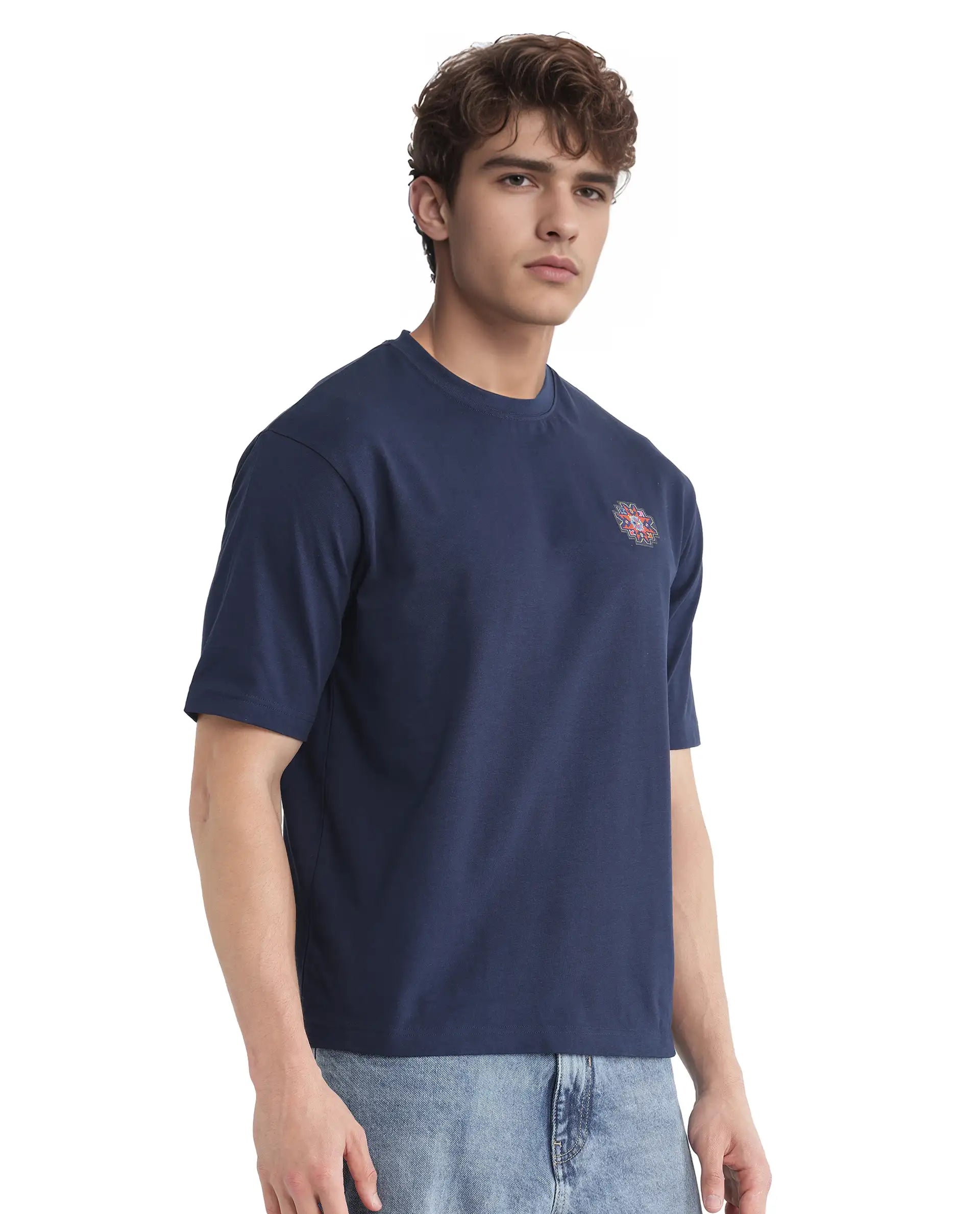 Rare Rabbit Men's Zera Navy Cotton Graphic Print Oversized Fit Half Sl