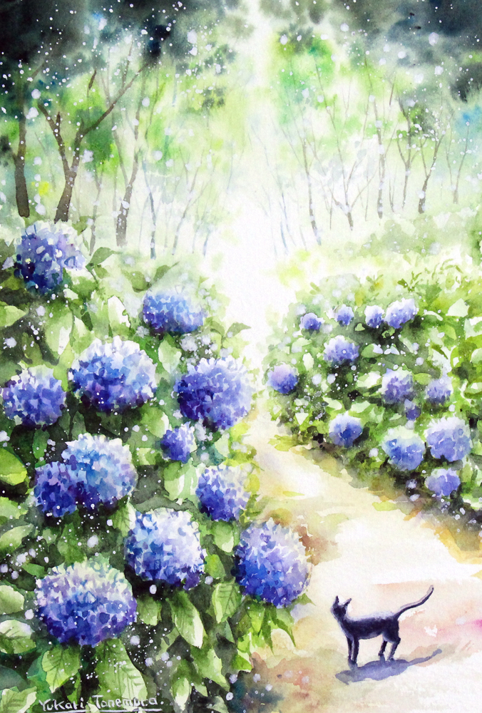 透明水彩画 原画 「紫陽花の丘」額縁付 F4サイズ 風景画 透明水彩画