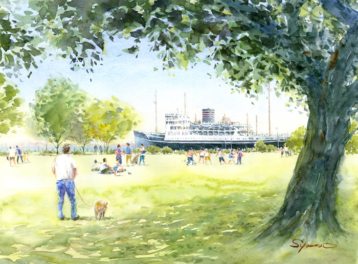 水彩画原画 山下公園と氷川丸 ＃284 | syoumei ｜インテリア絵画