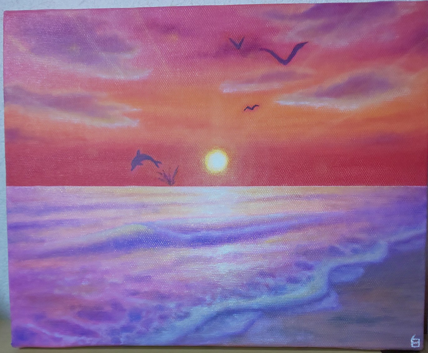 油彩画/「海辺の夕日」
