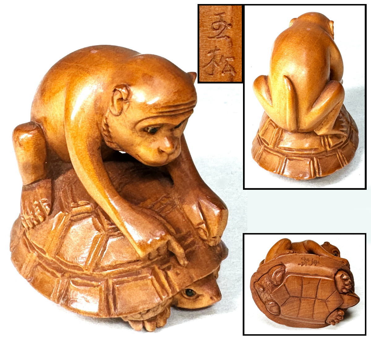 A17324 木彫 無銘 猿と蛸図 根付 7g 獅子舞猿 －形彫根付｜根付