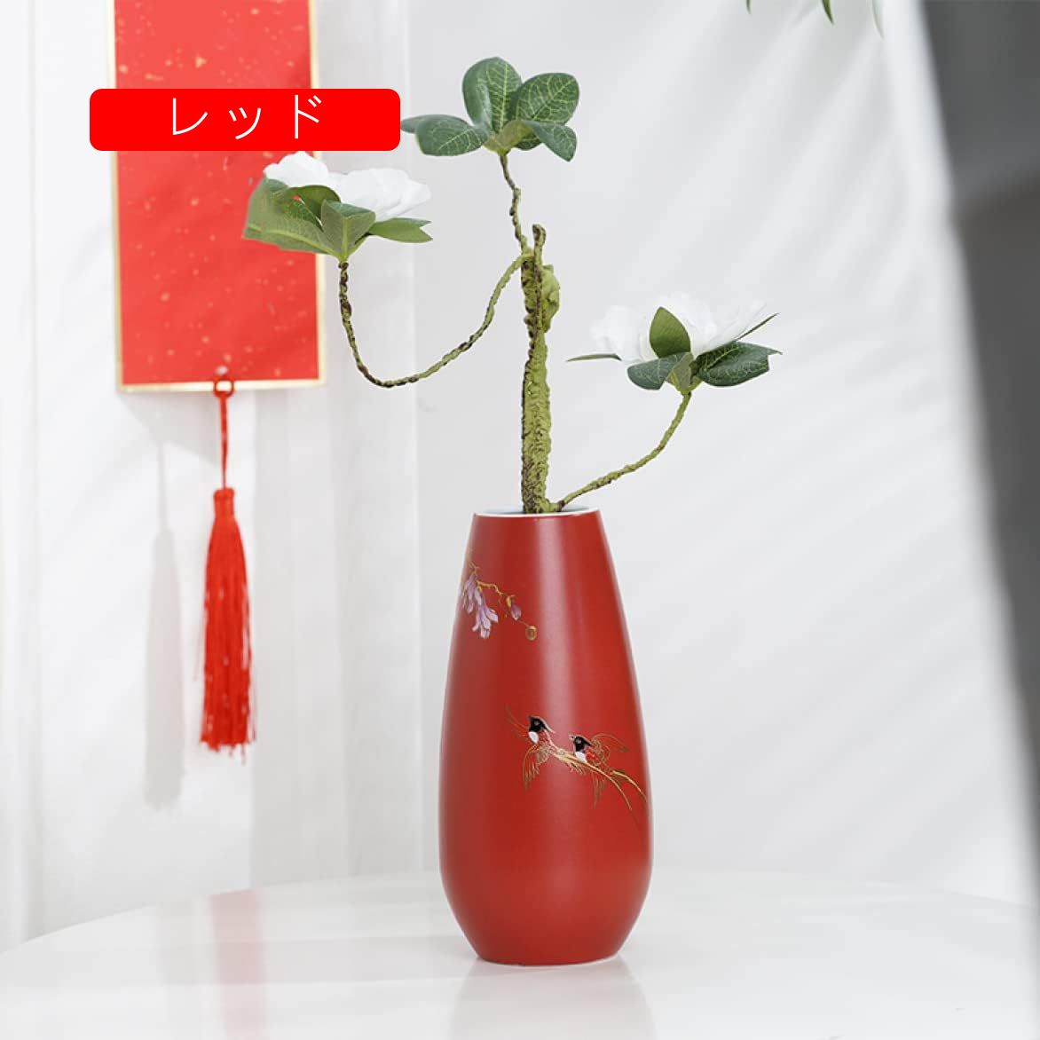 赤と白の花模様の陶器花瓶 赤と白の花柄陶器花瓶 赤と白の花模様の陶器