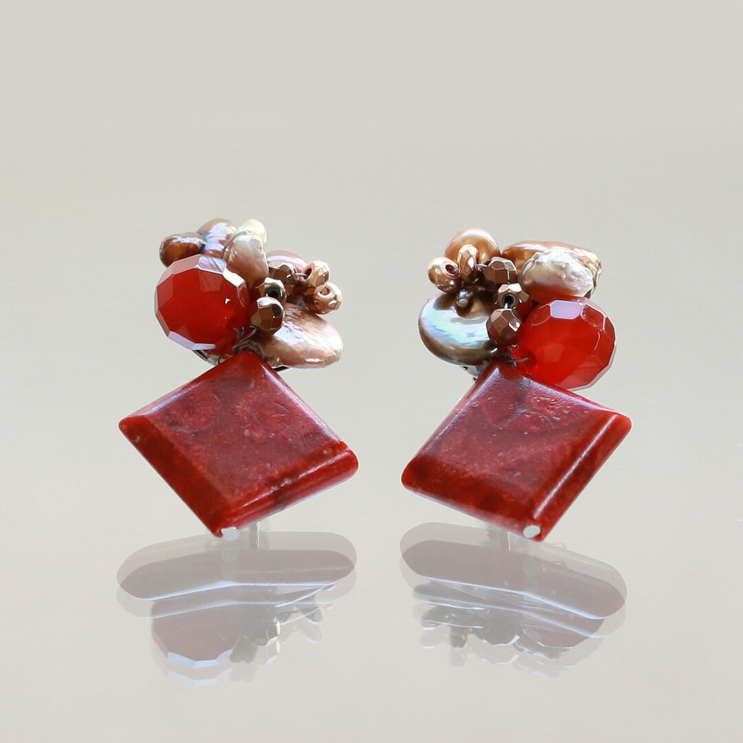 14kgf ❤新品 フレンチブルドック珊瑚ローズクオーツピアス