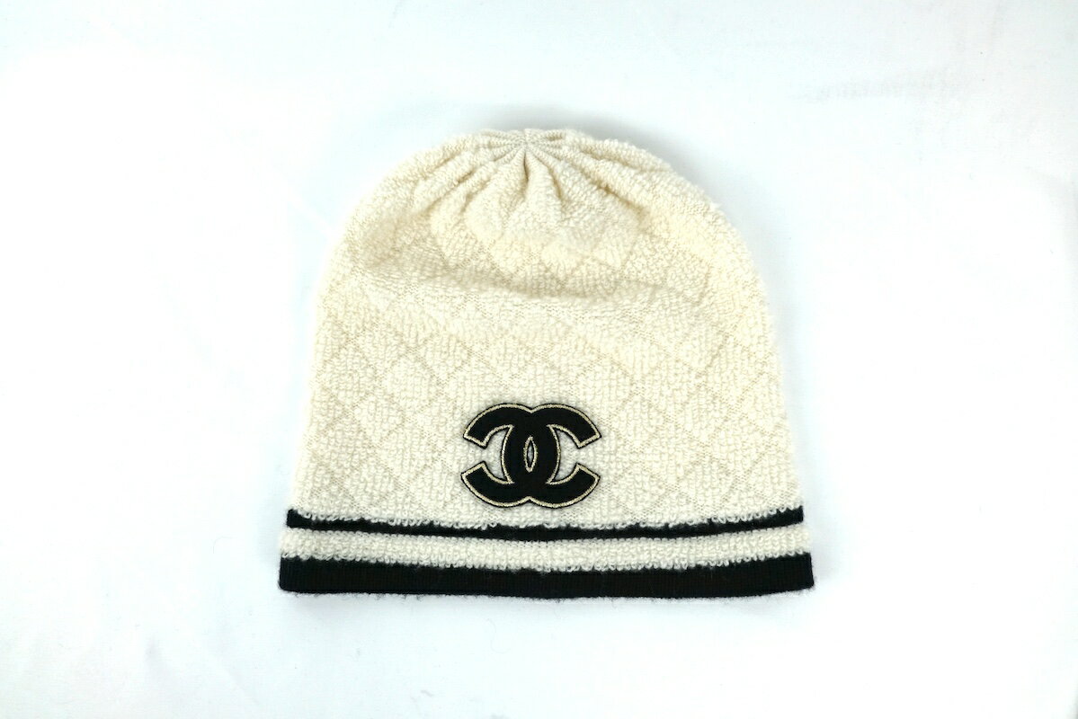名東】シャネル ニット帽 ロゴ ホワイト 白 ココマーク カシミヤ100