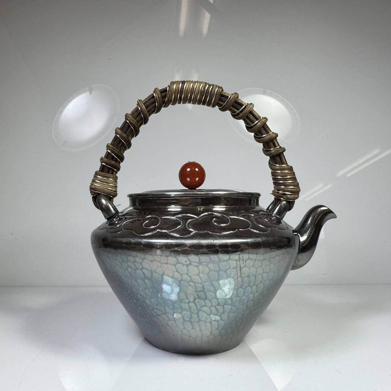 純銀製 東山造 紋波 湯沸 貴石摘 木取手 煎茶道具 古美術