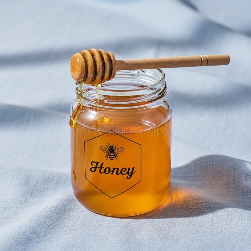 Honey Labeled with a Hexagonal Emblem Featuring a Bee and the Word