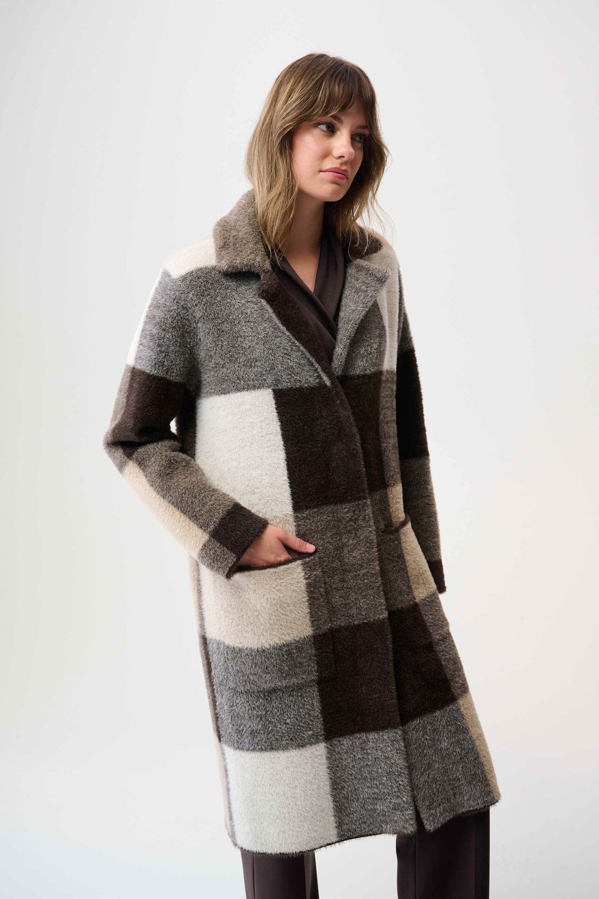 Joseph Ribkoff Feather Yarn Abstract Plaid Sweater Coat in Mocha