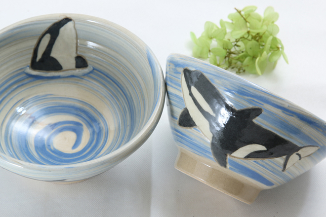 オーダーメイド品 手書き絵付け シャチ 夫婦ご飯茶碗 夫婦茶碗 スパイ