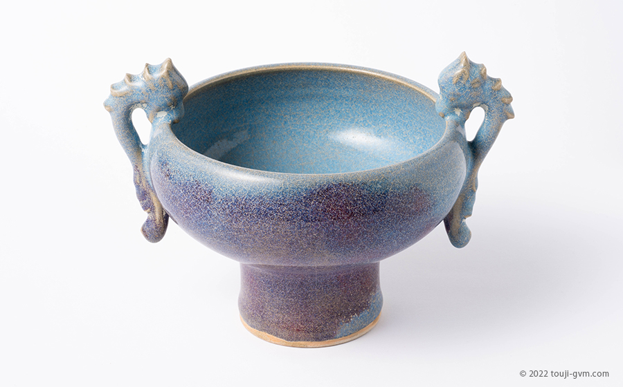 鈞窯 澱青釉紫斑 双龍耳壺 – Jun ware jar | 陶磁オンライン美術館ー