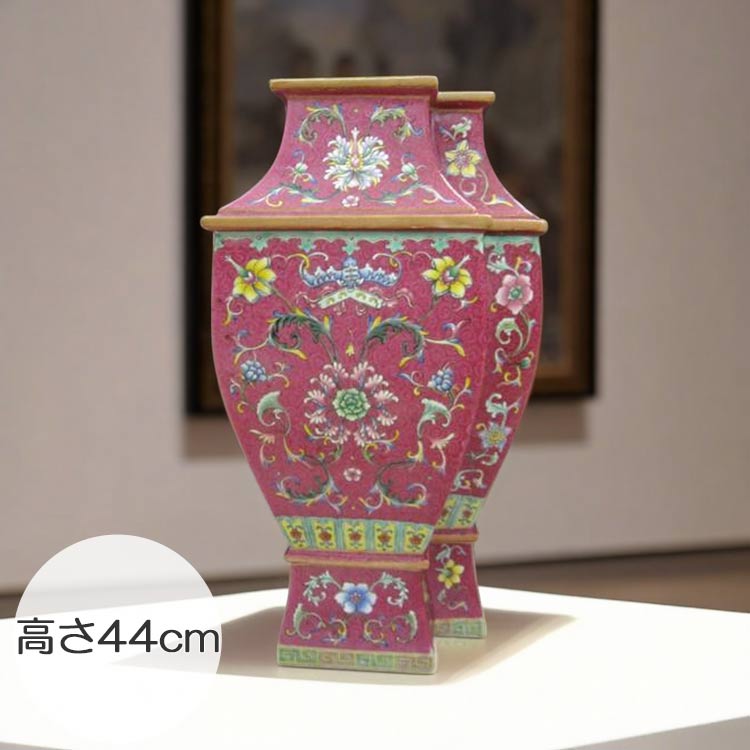 中国 粉彩花鳥文 双耳瓶 高さ約41cm V R7643F 中国 粉彩花鳥文 双耳瓶