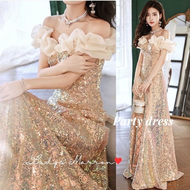 楽天市場】スパンコールドレス ゴールドドレス イブニングドレス